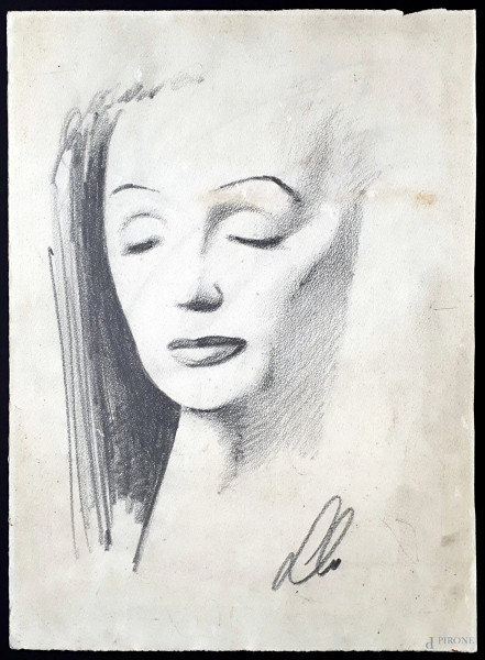 Artista del Novecento, ritratto di Marlene Dietrich, grafite su carta, cm 27x37, firmato