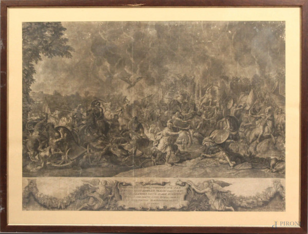Battaglia di Arbella di Alessandro Magno contro Dario, incisione del XVII sec, am. 56,5x78, entro cornice.