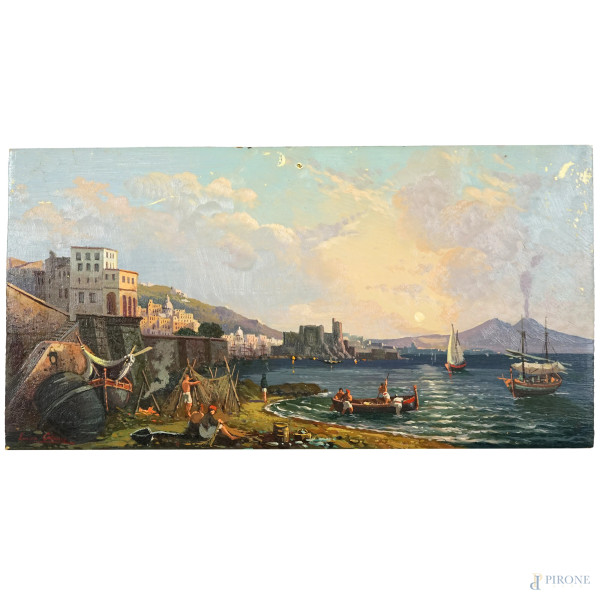 Veduta di Napoli, olio su tavoletta, firmato in basso a sinistra Enrico Capuano, cm 12,4x24,1 (lievi cadute di colore)