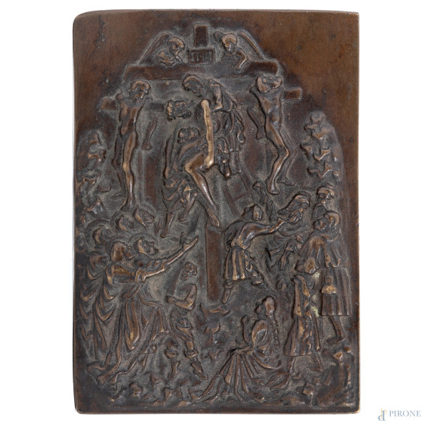 Att. ad Andrea Briosco detto "il Riccio" (1470-1532), placchetta in bronzo raffigurante Deposizione, cm 12,5x9