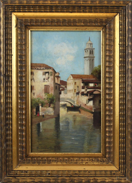 Scorcio di Venezia, olio su tavola, cm 30x18, firmato, entro cornice.