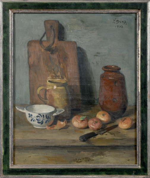 Natura morta con brocca e tagliere, XX secolo, olio su tela, cm 61x50, firmato e datato in alto a destra, entro cornice, (segni di usura)
