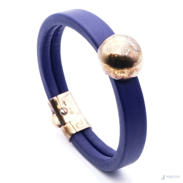 Bracciale Bottega Veneta in pelle color viola e argento dorato, cm 21 (minimi segni di usura)