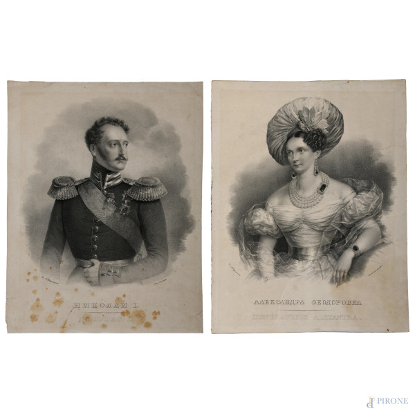 Lotto di due stampe raffiguranti Nicolas I e l'Imperatrice Alexandra, XIX secolo, misure massime cm 38,5x30,  (segni di usura, tracce di umidità, gore, foxing, lacerazioni della carta, tracce di piegatura)