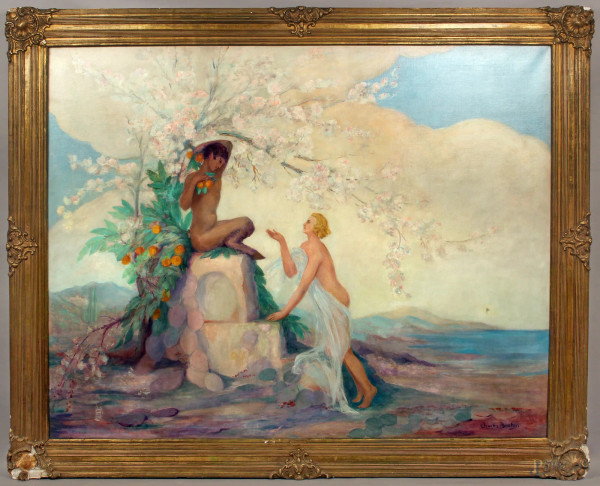 Paesaggio con nudi di donne, olio su tela, cm 128x160, firmato, primi &#39;900, entro cornice.