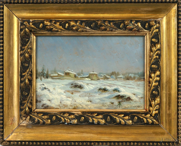 Paesaggio invernale, olio su tavola, cm 14,5x22, firmato, entro cornice.