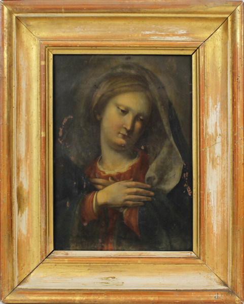 Madonna, olio su rame, cm 24,5x17,3, XVIII secolo, entro cornice, (difetti).
