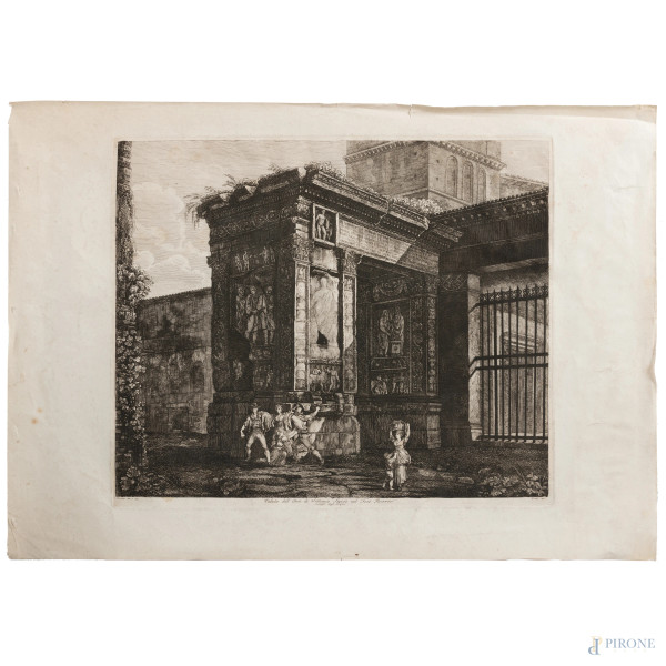 Luigi Rossini, (1790 – 1857) Veduta dell'Arco di Settimio Severo nel Foro Boario, acquaforte a tiratura coeva, foglio cm 50x71, (segni di usura, piegature, foxing, piccole lacerazioni, tracce di umidità)