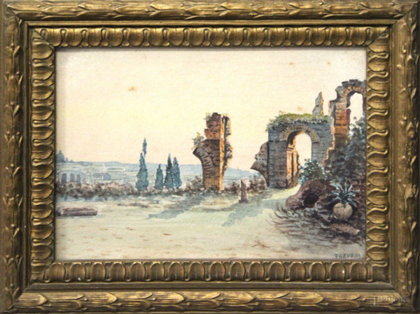 Paesaggio con ruderi, acquarello su carta firmato Trevesi, cm 17 x 23, entro cornice.