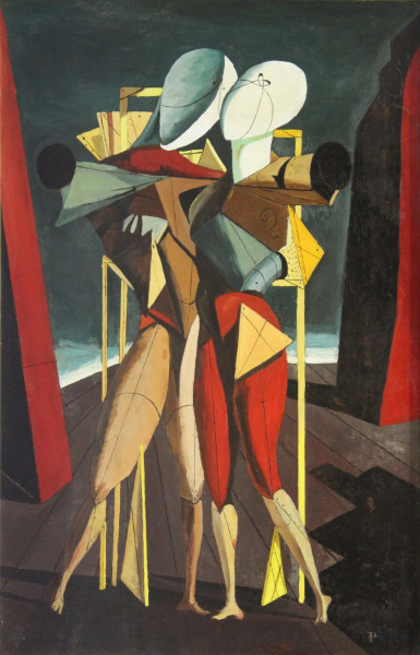 Omaggio a De Chirico, figure metafisiche, olio su faesite, 88x60 cm, entro cornice