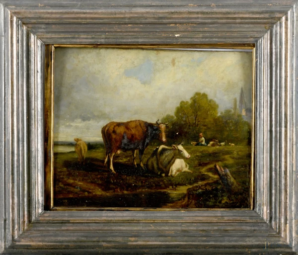 Pittore francese del XIX secolo, pastore, cm 37,5x46 entro cornice, firmato in basso a sinistra "Perret fils", (difetti)