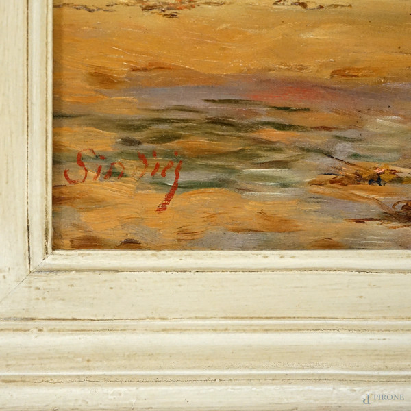 Paesaggio costiero con caseggiati, inizio sec. XX, olio su tela, cm 53x92, firmato "Sindies" in b...