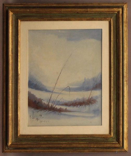 Paesaggio boschivo invernale, olio su tela 48x38 cm, firmato G. Farinella, entro cornice.