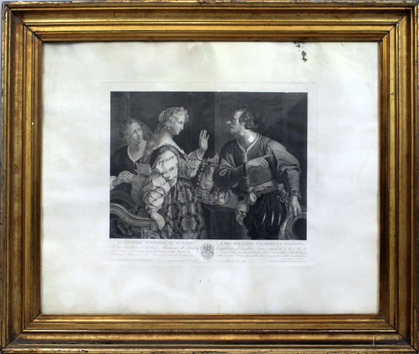 Semiramide risponde al nunzio, incisione dal Guercino (1591-1666), cm. 58x71, XIX secolo, entro cornice, (difetti).