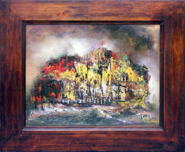 Renato Giusti - Riflessi del tempo, olio su tavola, cm 32 x 25, entro cornice.