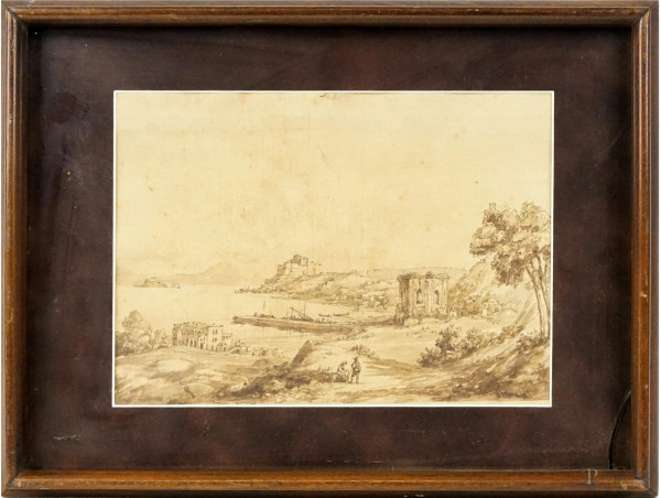 Castello di Baia, seppia su carta, cm 16,5x25 circa, firmato Vianelli, entro cornice