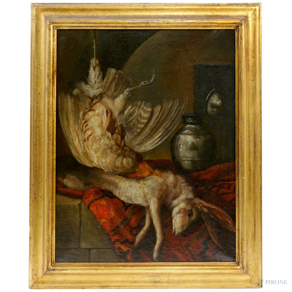Natura morta con cacciagione, olio su tela, XIX secolo, cm 70,3x54,5, entro cornice