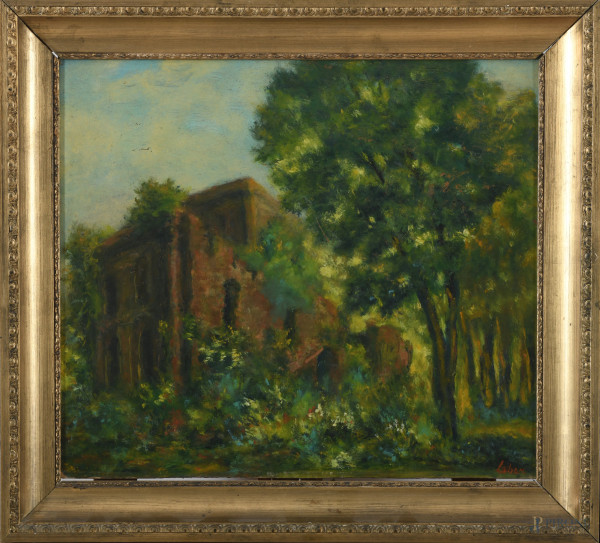 Scorcio di villa nel bosco, XX secolo, olio su faesite, cm 37,5x47,5, firmato in basso a destra, entro cornice, (lievi segni di usura, supporto imbarcato, piccole cadute di colore, abrasioni)