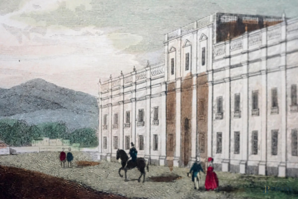 Lotto di tre stampe raffiguranti la Zecca di Santiago, il Tempio della Concordia e scorcio di Pra...