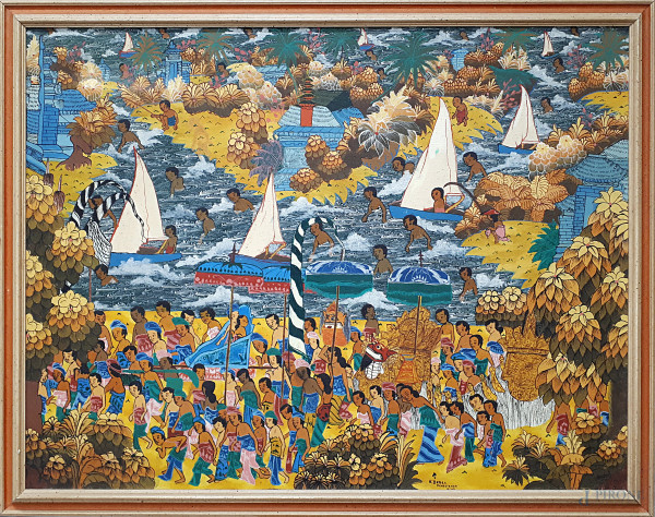 Dipinto ad olio su tela raffigurante dignitari in processione nella spiaggia sulla laguna, scuola “Balinese della prima metà del XX sec, nello stile “Ubud”, cm 70x90, firmato e titolato, con cornice