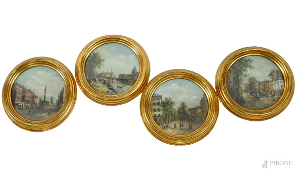 Quattro miniature ad assetto tondo raffiguranti paesaggi e scorci urbani con figure, diam.cm 12,5 firmate, entro cornici.