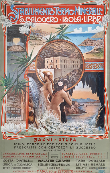 Manifesto Stabilimento Termo Minerale San Calogero Lipari, riproduzione vintage da originale del 1903 ormai introvabile, cm 67x43