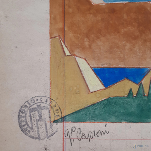 Vittorio Caproni, (XX secolo), Aeropittura, tecnica mista su carta, cm 22x35, titolato “FUTURAERE...