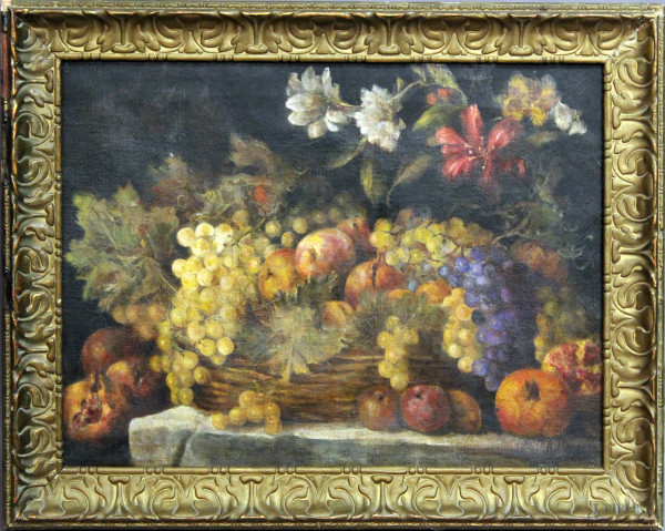 Natura morta con frutta, olio su tela, cm 43x59, entro cornice firmato Stajano.