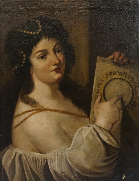 Pittore del XIX secolo, Omnia per pecuniam falsa sunt, olio su tela, cm 70x54,5, (difetti sulla tela).