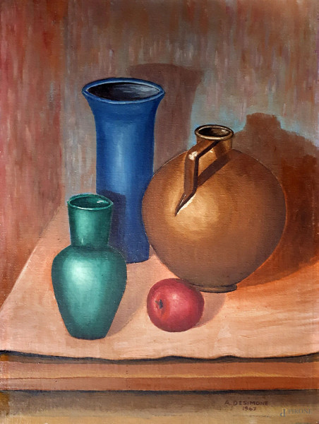 A. De Simone - Composizione con vasi e mela, 1967, olio su cartone telato, cm 30x40, firmato