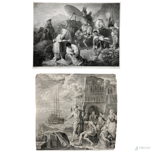 Lotto di due incisioni raffigurante scena di conversione e di prigionia, XIX secolo, misure massime cm 30x33,  (segni di usura, tracce di umidità, gore, foxing, lacerazioni della carta, tracce di piegatura)