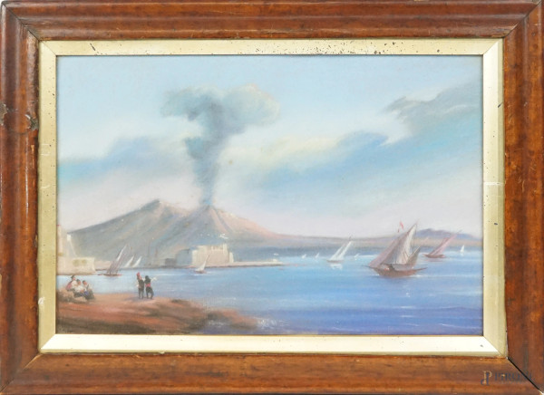 Golfo di Napoli, gouache su cartone, cm 25,5x39, inizi XX secolo, in cornice