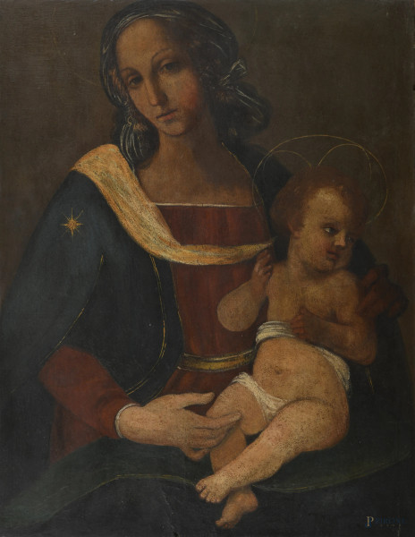 Madonna con Bambino, XX secolo, olio su tavola, cm 53,5x42, (segni di usura, supporto imbarcato, fessurazioni, cadute di colore, difetti)