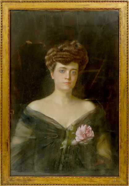 Francesco Brici - Ritratto di donna, pastello su carta, cm 105x70, firmato e datato "1907" in basso a destra, entro cornice