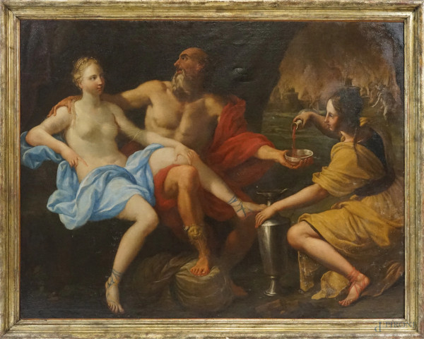 Pittore del XVII-XVIII secolo, Lot e le sue figlie, olio su tela, cm 106x137, entro cornice.
