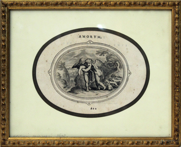 Amorini, incisione del XVII sec., cm 23x29, entro cornice.