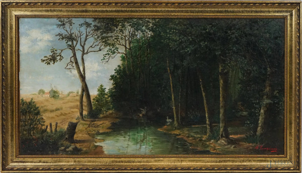 Paesaggio boschivo con ruscello ed anatre, olio su tela, cm 60x115, firmato, entro cornice.