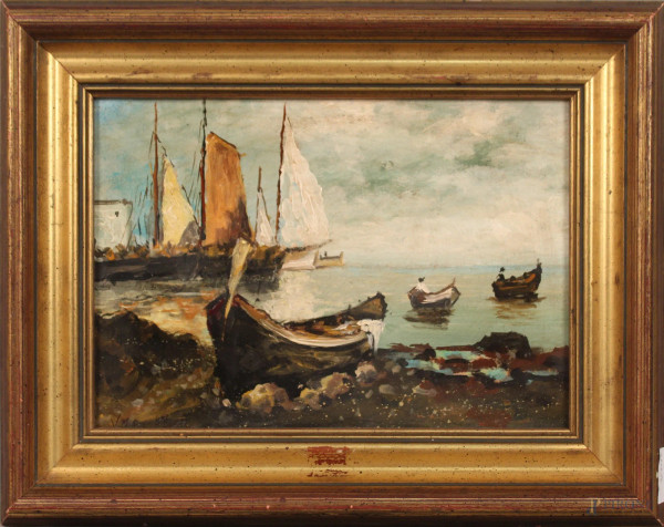 Scorcio di costa con imbarcazioni, olio su cartone, cm. 23x33, firmato, entro cornice.