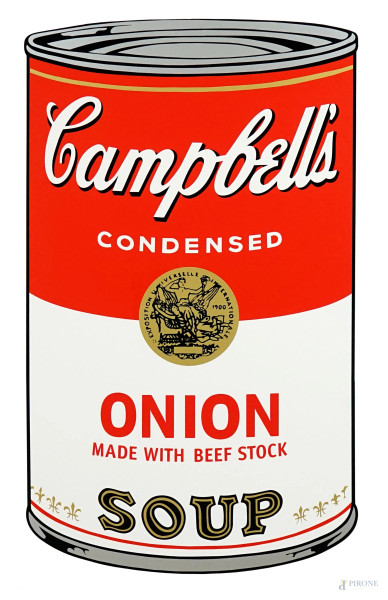 After Andy Warhol (1928-1987), Campbell's  Onion Soup, Sunday B. Morning , 2000ca., serigrafia a colori su carta, cm 89x58,5, con timbro blu sul retro: "Fill in your signature" e "Published by Sunday B.Morning", (difetti sulla carta).