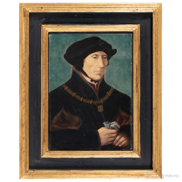 Ritratto di Gillaume de Montmerency (copia dell'opera presso il Museo di Belle Arti di Lione), XIX-XX secolo, olio su tela, cm 38x27, entro cornice, (lieve craquelure, piccole cadute marginali di colore)