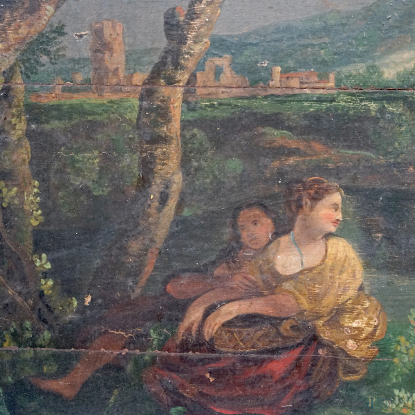 Paesaggio con figure, sec. XIX, olio su tavola, cm 29,5x40,5, entro cornice, (difetti e fessurazi...