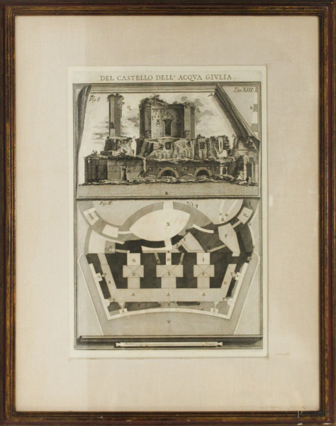 Giovanni Battista Piranesi - Castello dell&#39;acqua Giulia, incisione, cm 52 x 40, entro cornice.