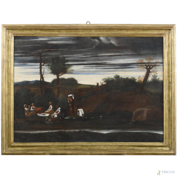 Le lavandaie, XVIII secolo, olio su tela, cm 76,5x109, entro cornice