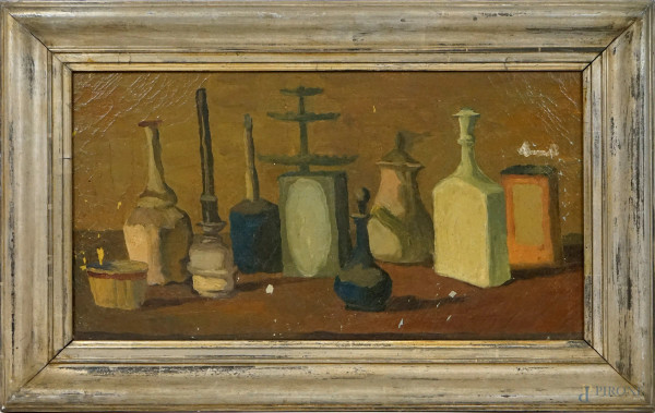Bottiglie, olio su tela, cm 35x64,5, XX secolo, entro cornice, (cadute di colore).