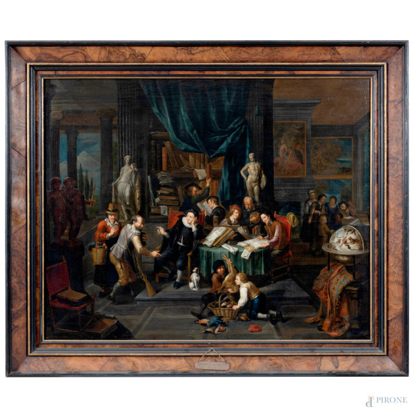 Attribuito a Balthasaar van den Bossche (1681-1715), L'Accademia, olio su tela, cm 70x85, entro cornice. Iscrizione di precedente proprietaria datata "April 1870" al retro della tela