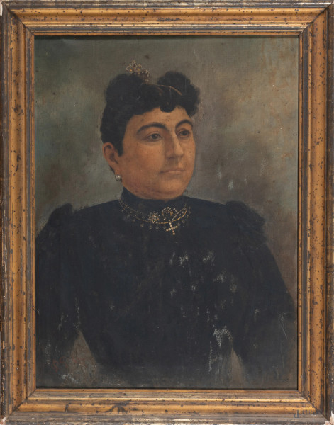 Ritratto di signora, XIX-XX secolo, olio su tela, cm 66x50, firmato in basso a sinistra, entro cornice, (segni di usura, cadute di colore, abrasioni, tela da ritensionare, difetti)