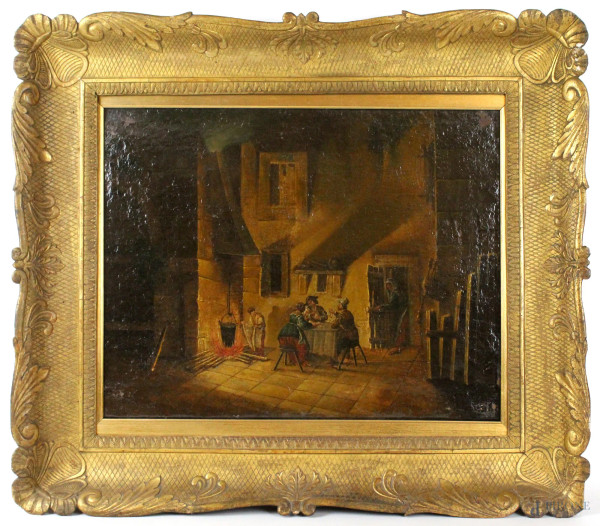 Pittore fiammingo del XVIII secolo, Scena di genere, olio su tela, cm. 39x52, entro cornice.