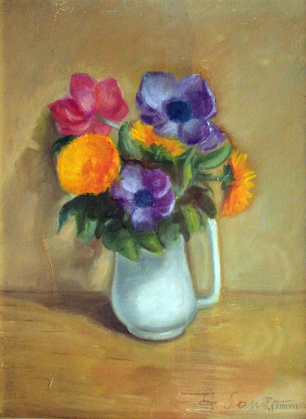 Vaso con fiori, olio su tela, cm 40x30 cm, entro cornice firmato Sanzo