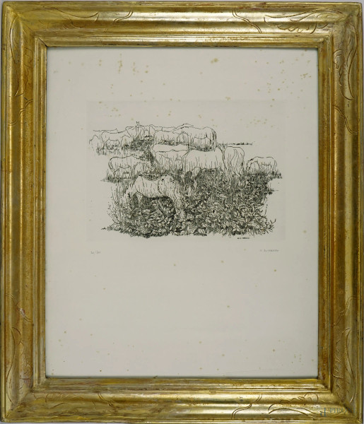 Paesaggio con mucche, litografia, cm 57x48, firmato E.Di Marco, ES.20/30, entro cornice.