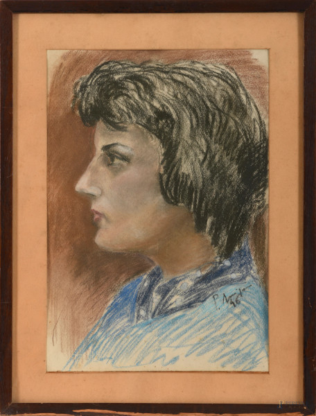 Profilo di donna, XX secolo, pastello su carta, 55x41,5 compreso passepartout entro cornice